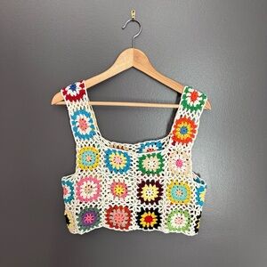 Women Crochet Granny Square Crop Top Swimsuit Cover Shirt Blouse Size One Size